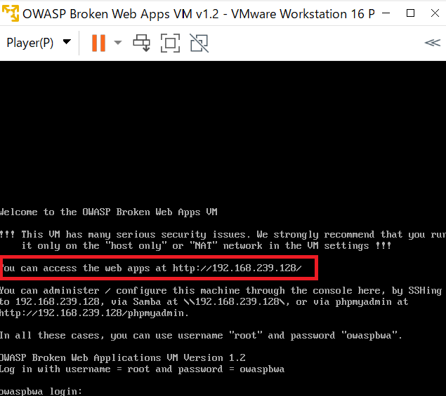 VMware Workstation Player上にOWASP BWA(6)