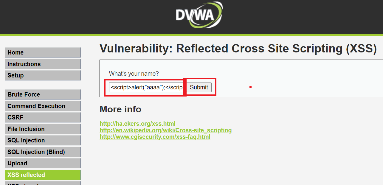 DVWAのXSS reflected脆弱性(1)