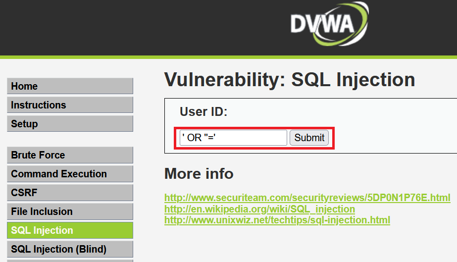 DVWAのSQL Injection脆弱性(1)