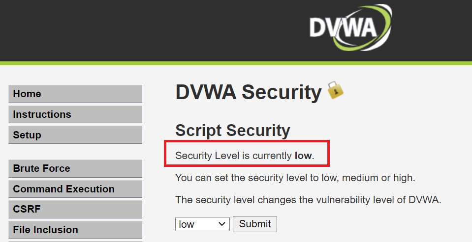 DVWAのレベルの設定変更(2)